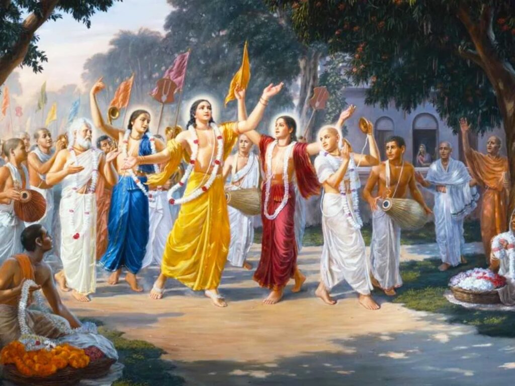 Chaitanya Mahaprabhu leading a Sankirtana procession with devotees.